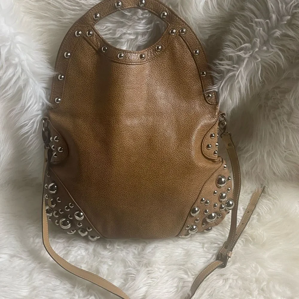 Charm & Luck leather Brown silver Studded large Hobo Bag